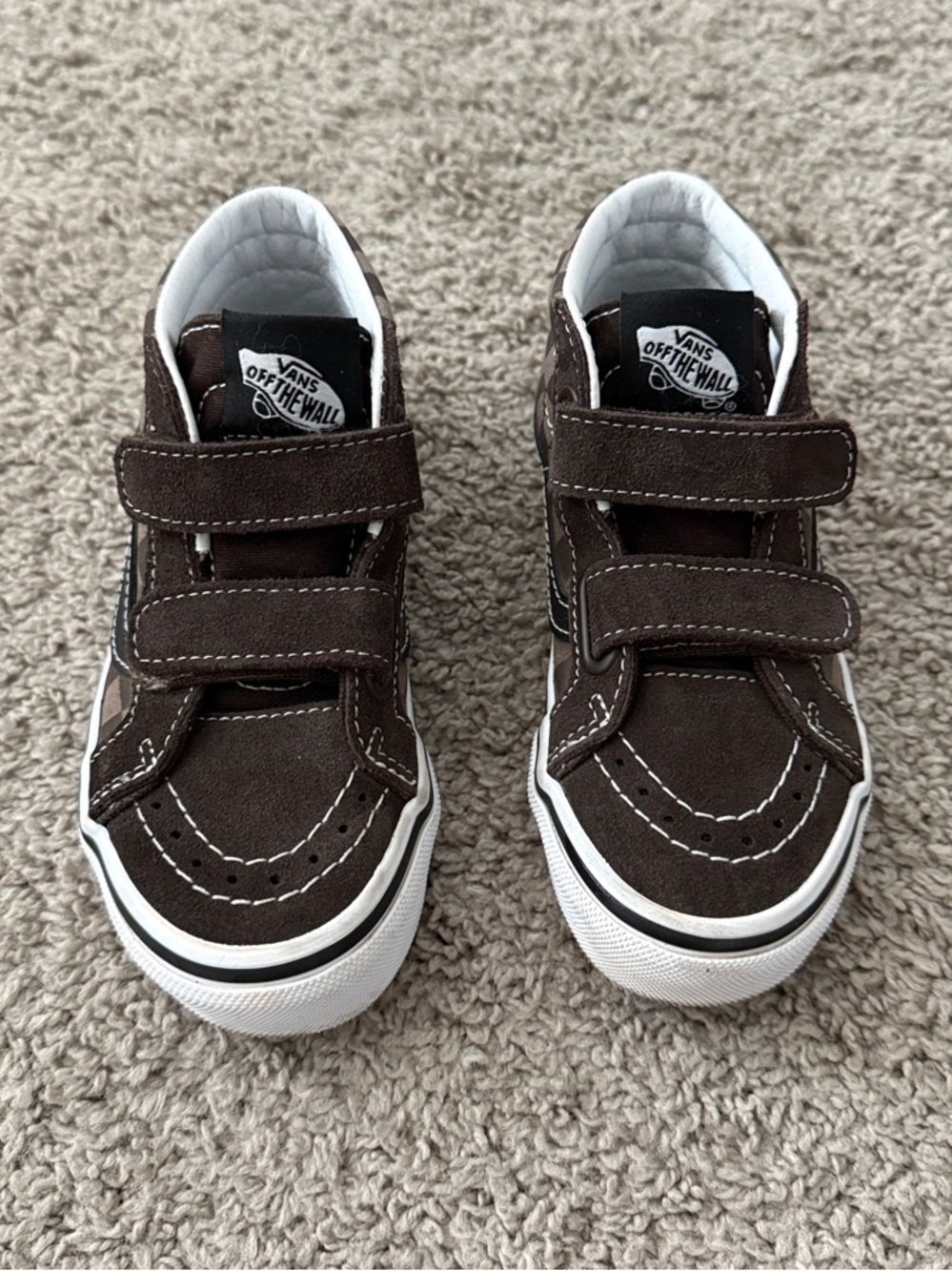 Vans Kids Brown Velcro High-Top checkered Sneakers.